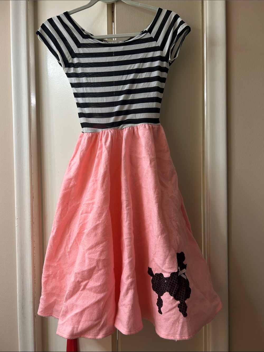 Girls Black & White Striped Top Pink Skirt Poodle Dress